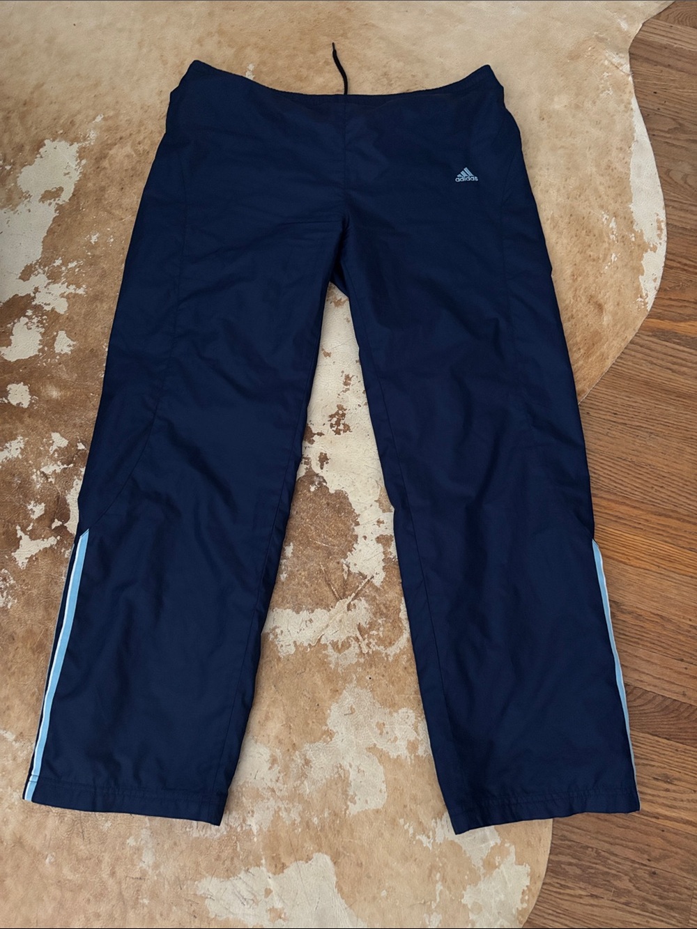 adidas Dark Navy swishy Track Pants with Light Blue Accents size M